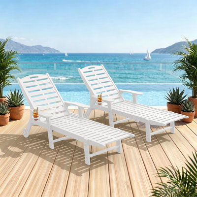 Outdoor HDPE Reclining Chaise Lounge Set with Cup Holder