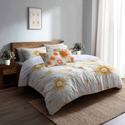 Starburst 5 Pcs Bedding Set - Contemporary Boho Boho Warm Sun Dial Duvet Cover And Throw Pillow Set