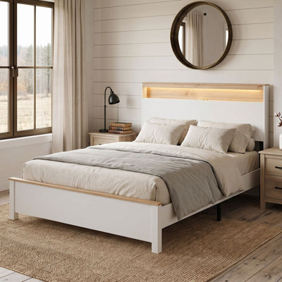 Lit plateforme rustique en bois avec tête de lit de rangement, lampe DEL tactile à intensité variable et station de recharge, rangement silencieux sous le lit, sommier non requis
