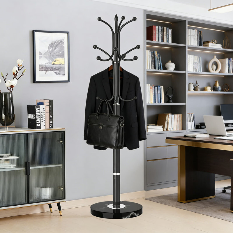 Freestanding Coat Rack With 12 Hooks And Natural Marble Base, Heavy-Duty Stainless Steel Hat And Coat Stand For Entryway, Hallway, Or Office