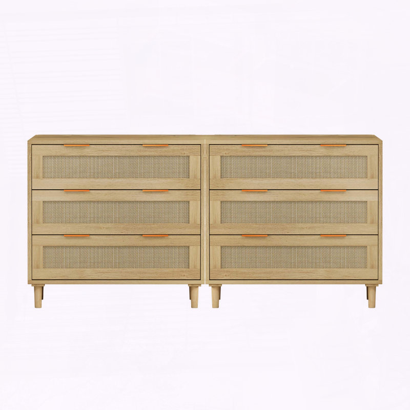 Set of 2 3-Drawer Rattan Storage Cabinets with Solid Wood Legs