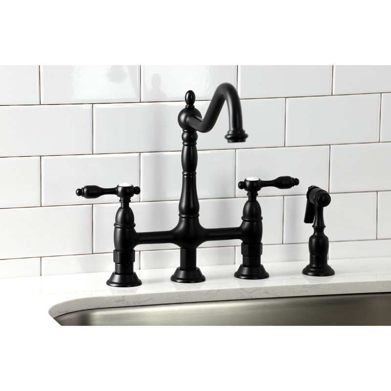 Kingston Brass Tudor Two-Handle 4-Hole Deck Mount Bridge Kitchen Faucet with Brass Side Sprayer, Matte Black