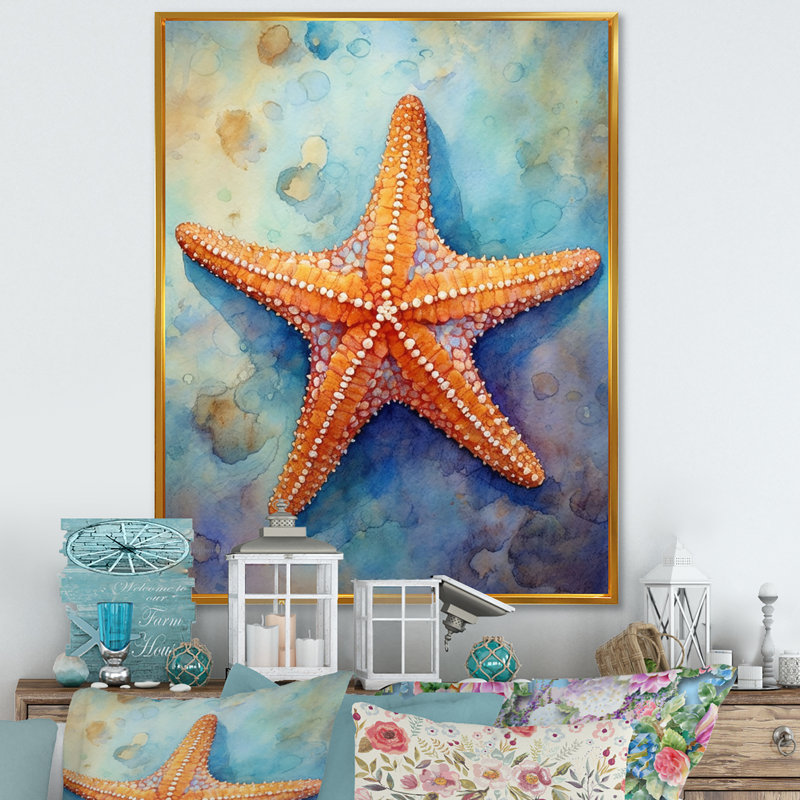 Spinny Starfish II - Starfish, art mural, H 40 po x l 30 po x P 1,5 po, Cadre flottant doré