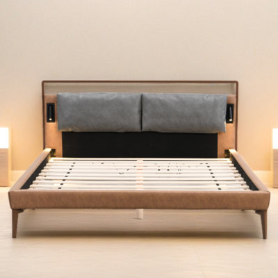 Full Bed In Brown & Gray Faux Leather, Soft Skin - Headboard Cushion, 2pcs Easy To Open Led Lights, Heavy Duty Frame, No Box Spring Required Frame With Middle Legs,