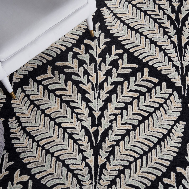 Tapis floral en laine touffeté à la main Cerda noir / ivoire, Rond 5 pi