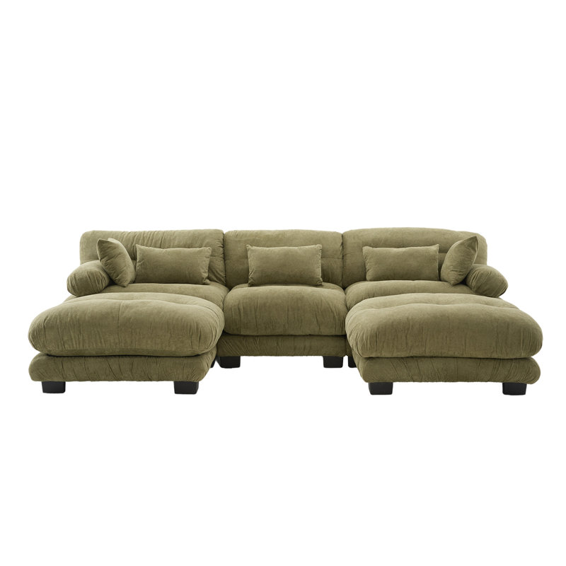 Canapé olive en forme de U avec 2 repose-pieds, 5 places modernes pour le salon, velours granulé doux et doux pour la peau, pieds en plastique stables en forme de velours en nuage pour un look confortable
