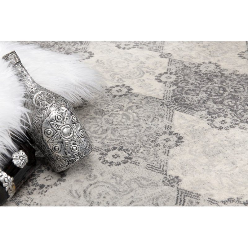 Tapis d'entrée gris / beige 2 pi x 3 pi (2 pi 3 po x 3 pi 3 po) à motif de damas gris / beige, avec tapis d'entrée contemporain, à poils courts et résistant aux taches - Porte d'entrée, vestibule, couloir et cuisine