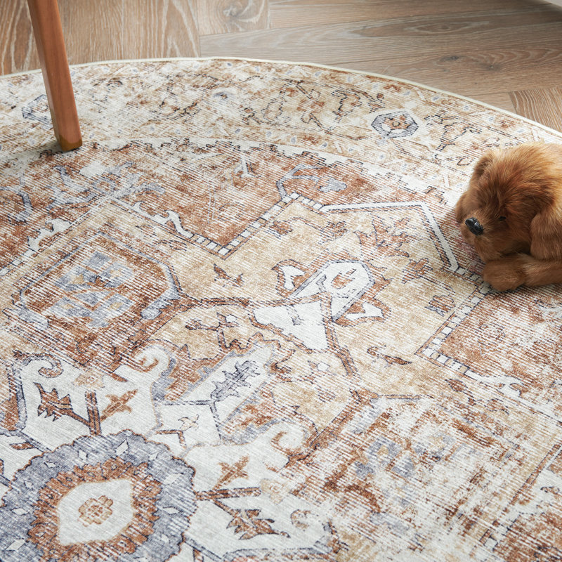 Tapis lavable antidérapant Vintage Medallion, Medallion Gray, Round 5'