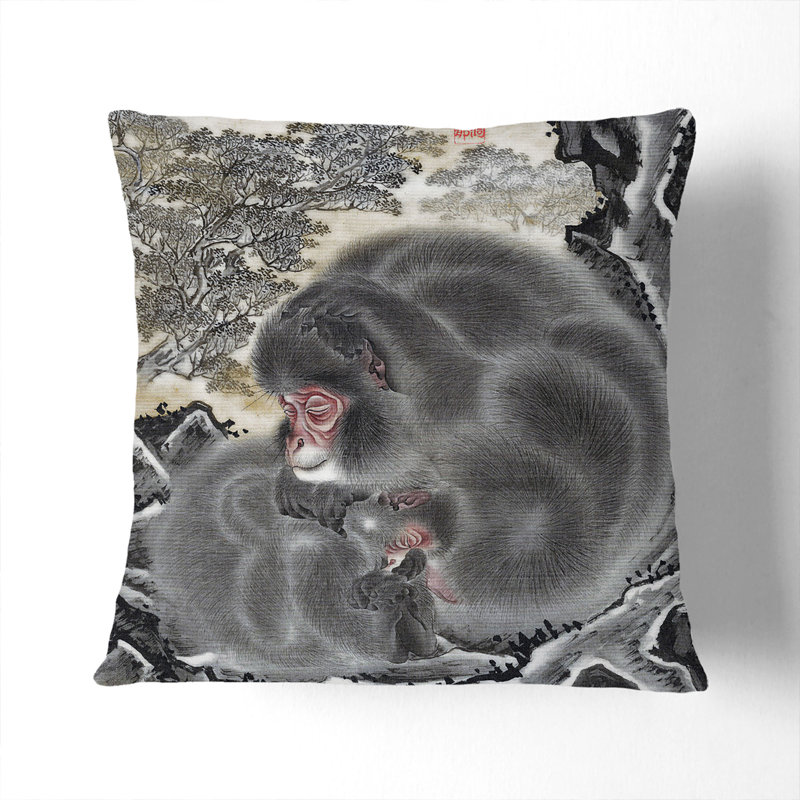 Monkeys by Kawanabe Kyosai Cushion with Filling, White, 40cm H x 40cm W x 15cm D