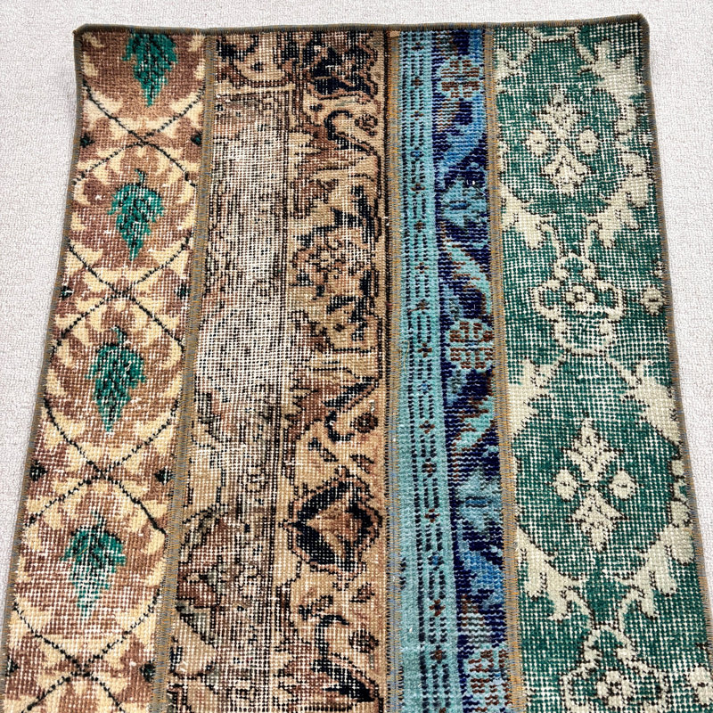 25.2x52 Inch Green Wool Patchwork Rug, Small Patchwork Rug
