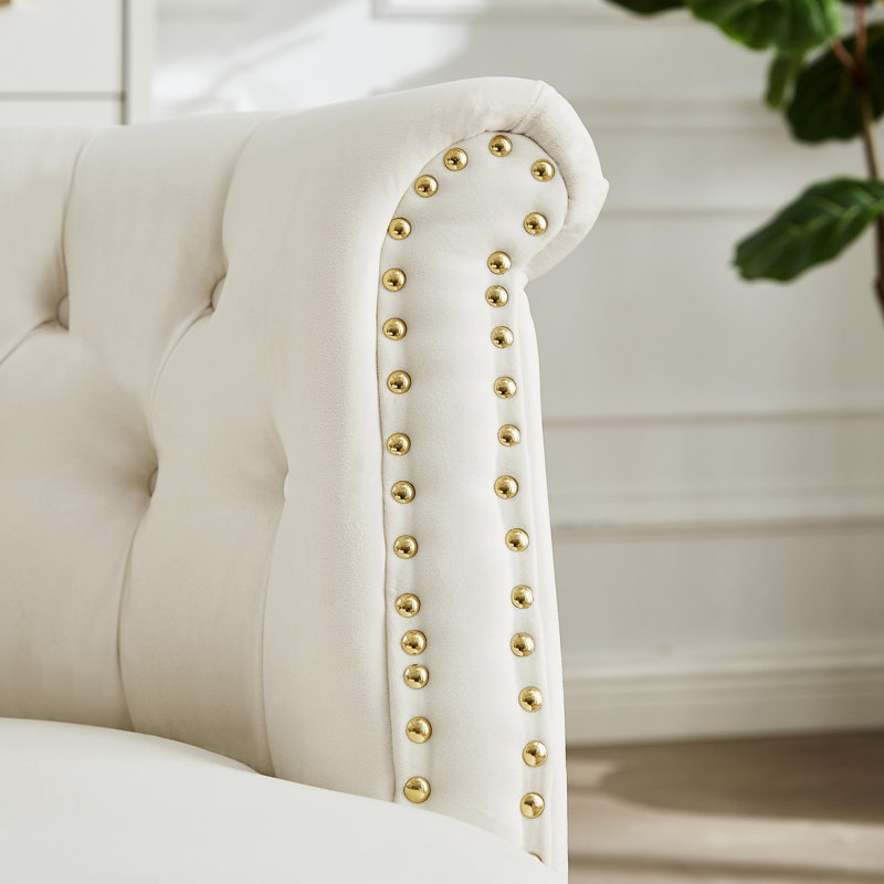 Fauteuil demi-tonneau avec repose-pieds de 29,1 po Johnallen, Velours crème, Or