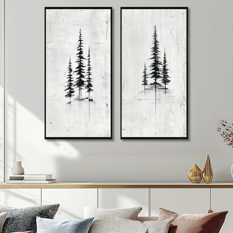 «Black Grey Winter White Pine Trees Forest», impression sur toile 2 pièces, H 32 po x l 32 po, Cadre flottant noir