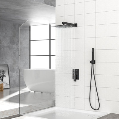 12 Inch Square Wall Mounted Dual Shower Head Matte Black System, - Balanced Scald, Rainfall With 360 Adjustability, Handheld For Different Preferences Function Valve, Ultra Thin Head, Swivel, And
