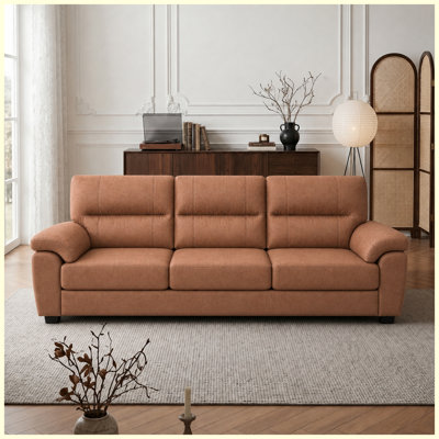 3-Seat Tech Fabric Sofa with Wide Thick Armrest Pillows, Mid-Century Deep Plush Seating, Durable Microfiber Upholstery, Pet-Friendly, Brown