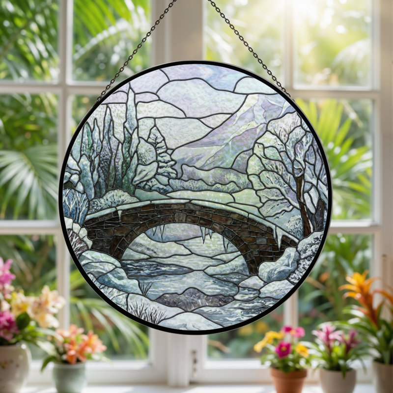 Panneau de vitrail 12 "H Winter Landscape, H 12 po x l 12 po