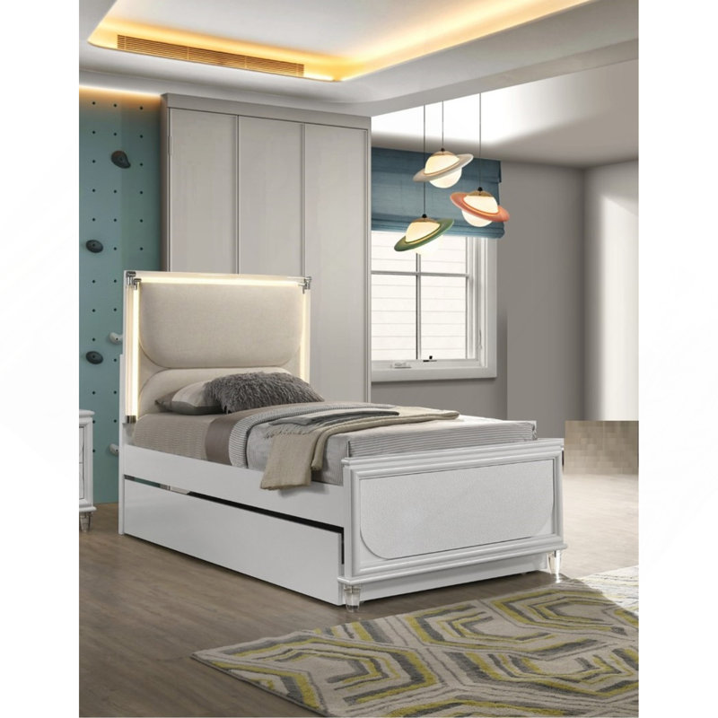 Mobilier de chambre à coucher contemporain avec lit simple tapissier Glam Pearl White, Lit simple