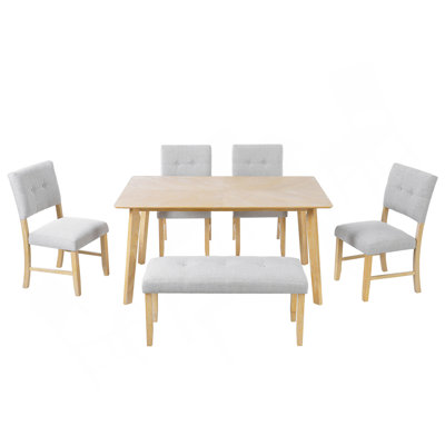 6 Piece Dining Room Table Set, Rustic Farmhouse Dining Room Rectangular Table With 4 Upholstered Chairs And Bench,  Wood Kitchen Dining Table Set For 6 Persons (Easy Assembly, Natural Wood Wash)
