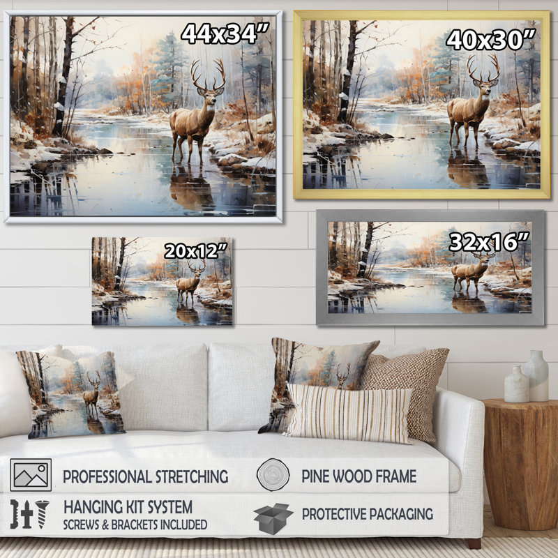 Cerf hiver sérénade - art mural grand cerf, H 12 po x l 20 po x P 1 po, Cadre flottant doré