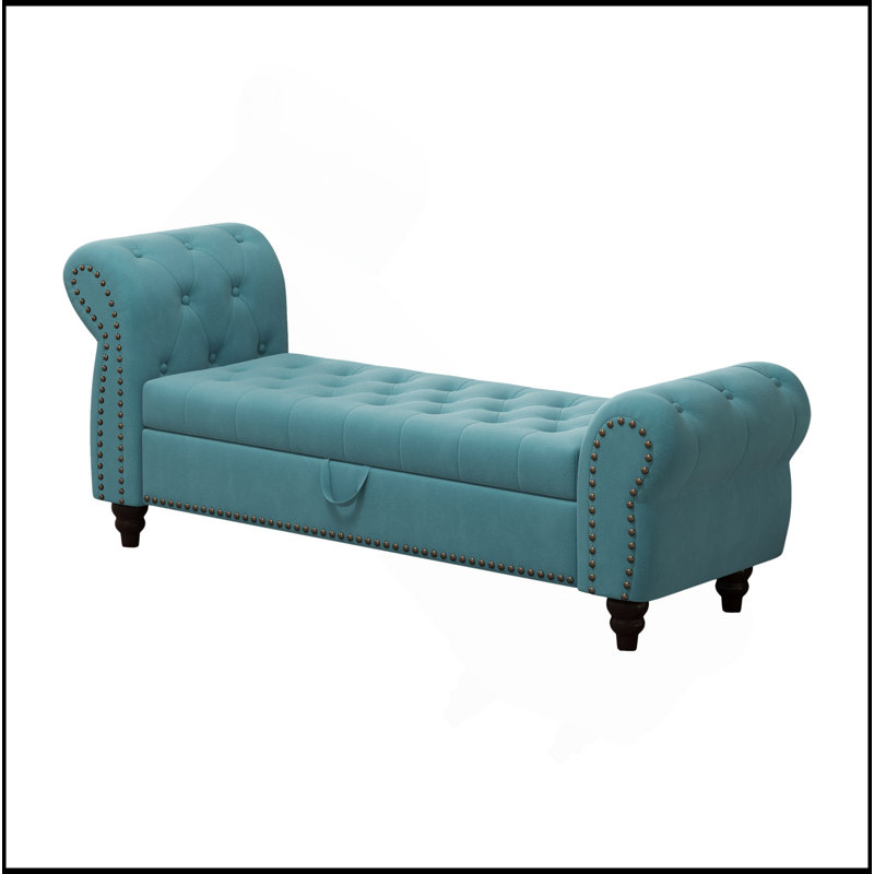 Banc de lit en velours capitonné avec rangement 64,5 po, Bleu lac
