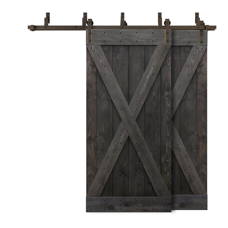 Porte de grange double à panneaux en bois teinté à panneau avec ensemble de quincaillerie coulissante, 92 po x 84 po