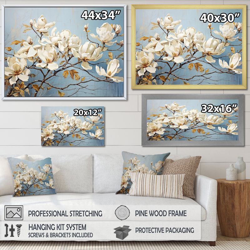 «Elegant White and Blue Magnolias Bloom», art mural sur toile Magnolias, Cadre naturel flottant, H 16 po x l 32 po