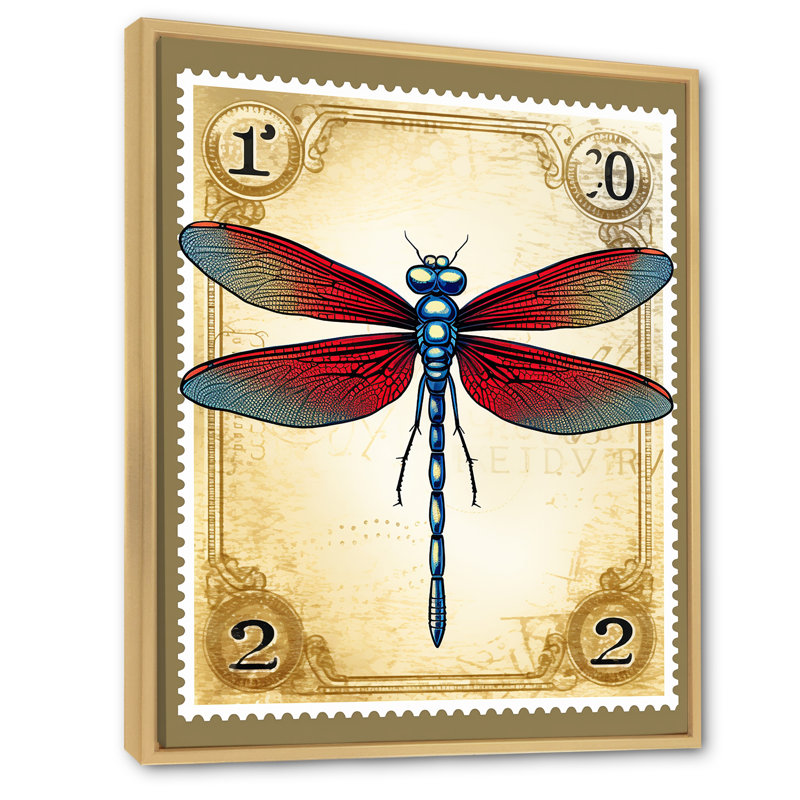 Illustration rétro de la libellule rouge, Cadre naturel flottant, H 32 po x l 16 po x P 1 po