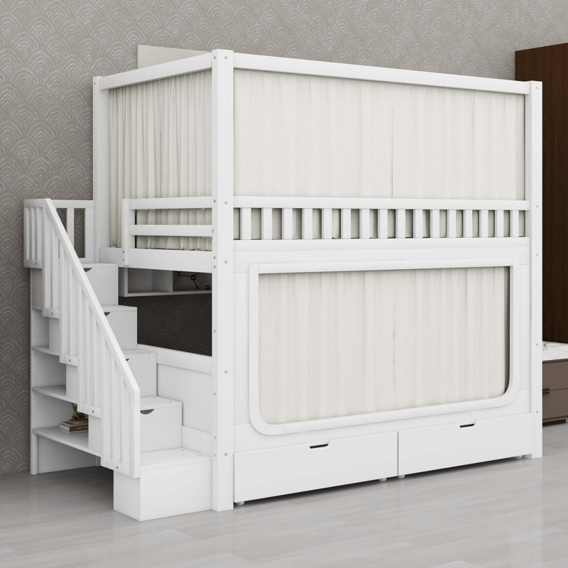 Lit superposé avec rideaux d'intimité, lumières DEL sous le lit, escalier de rangement et tiroirs
