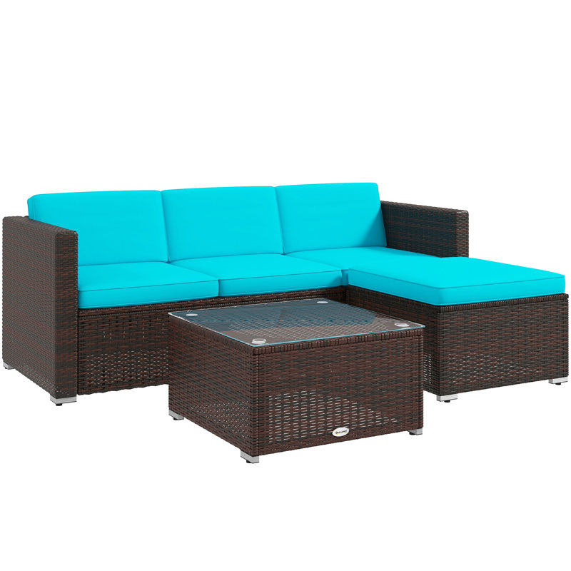 Ensemble de conversation d'extérieur pour 3 personnes avec coussins, Turquoise