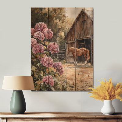Hydrangeas And Horses By The Barn II - Hydrangea Wood Wall Decor - On Natural Pine Wood