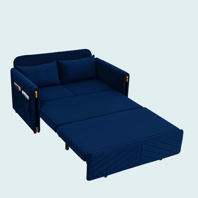 Velvet Multi-position adjustable Sofa with 2 Detachable Arm Pockets, Blue, 33.05" H x 54.05" W x 35.75" D