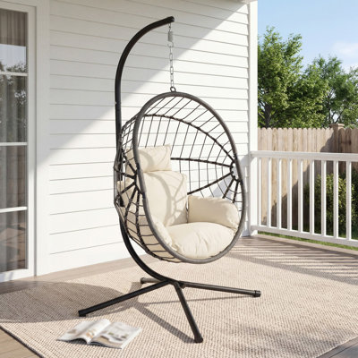 Wicker Hanging Egg Chair with Stand, Outdoor Indoor PE Rattan Swing Basket Chair with Cushion for Patio, Garden, Balcony