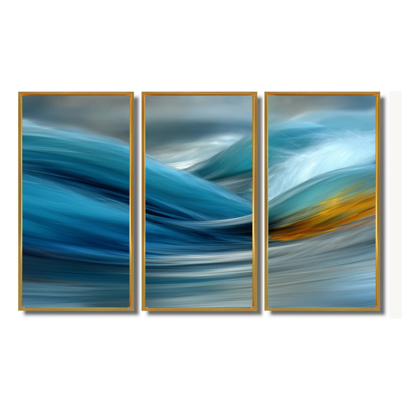«Yellow Blue Wave», impression rythmique de rivière, Reproduction avec cadre flottant, 28" H x 36" W, Doré
