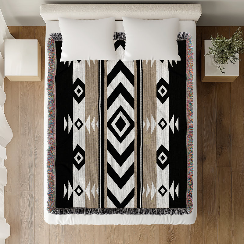 Couverture en mélange de coton Fika South Western, L 60 po x l 50 po, Beige / noir / blanc cassé