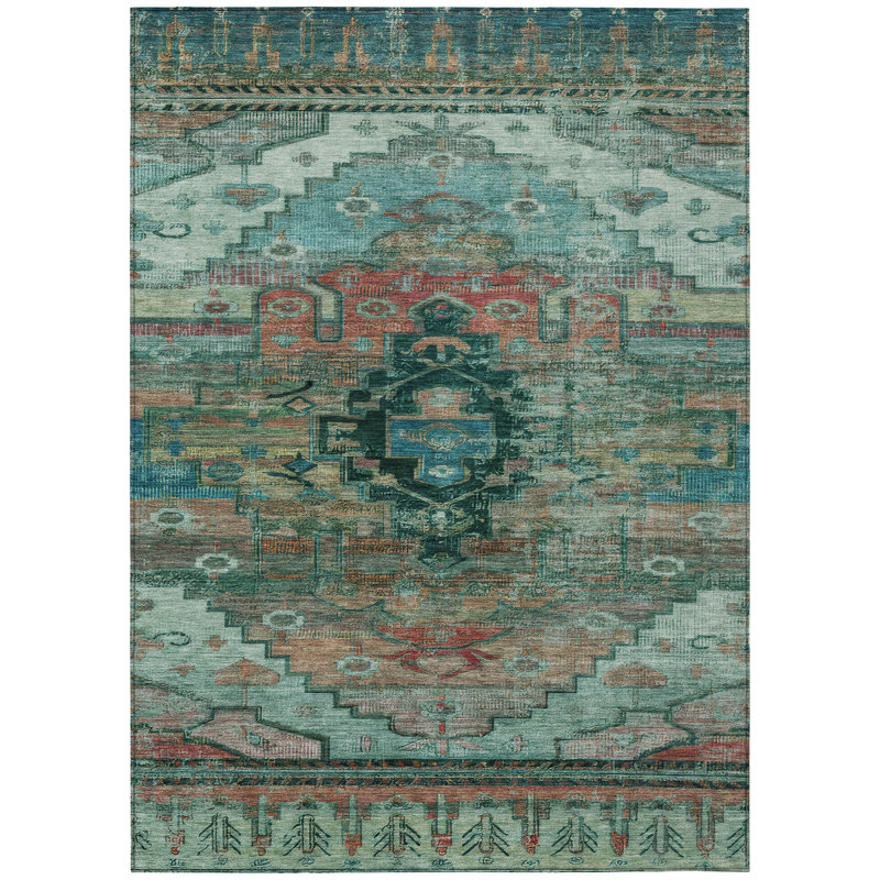 Machine Washable Indoor/Outdoor Xhevrie Teal Rug, Rectangle 8' x 10'