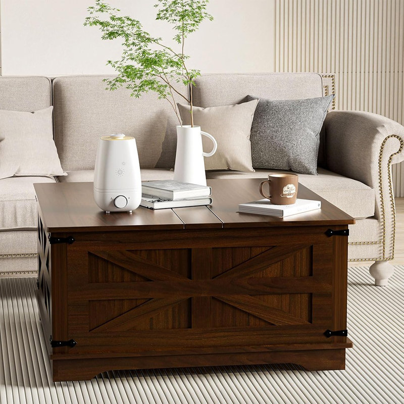 Table basse à plateau relevable avec rangement, prise de courant et port USB, table centrale carrée en bois avec roulettes