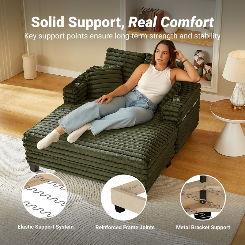 Chaise Lounge Chair Indoor, Amsleekey 64" Oversized Sleeper Chair With Wood Frame, Upholstered Sofa Bed For Living Room, Movie Room, Bedroom With 4 Storage Pockets& 2 Cup Holders(Plush Corduroy, Green)