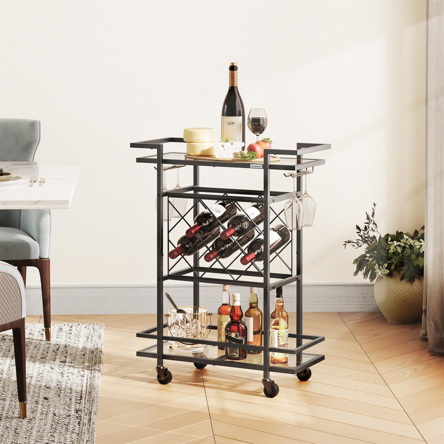 Ebern Designs Sturdy Black Metal Bar Cart With Wine Rack & Glass ...