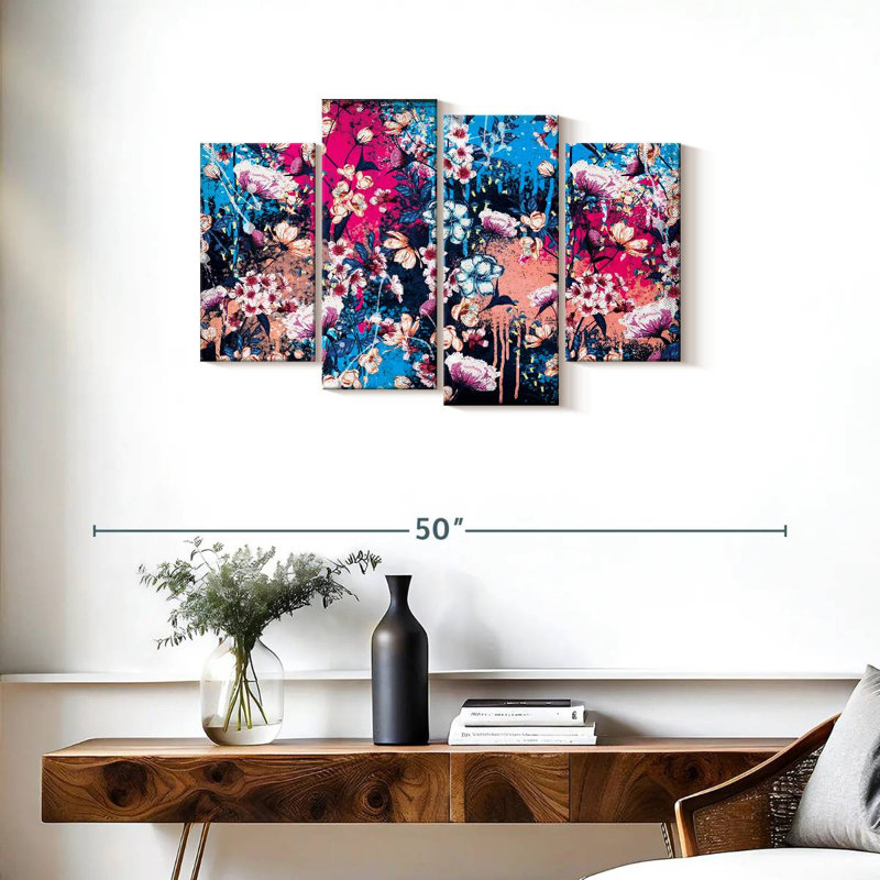 Fleurs botaniques éclaboussées, H 22 po x l 36 po