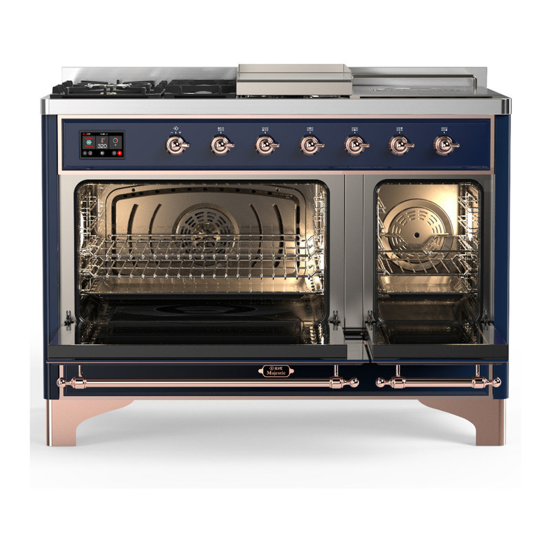 Majestic III Series 48 Inch Dual Fuel Range with 5 Sealed Burners, Griddle, Frenchtop in Glossy Black (Natural Gas, Burnished Trim)