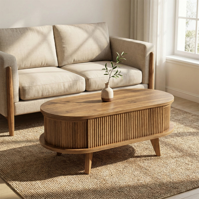 Table basse à plateau relevable cannelé avec compartiment caché, table centrale en bois