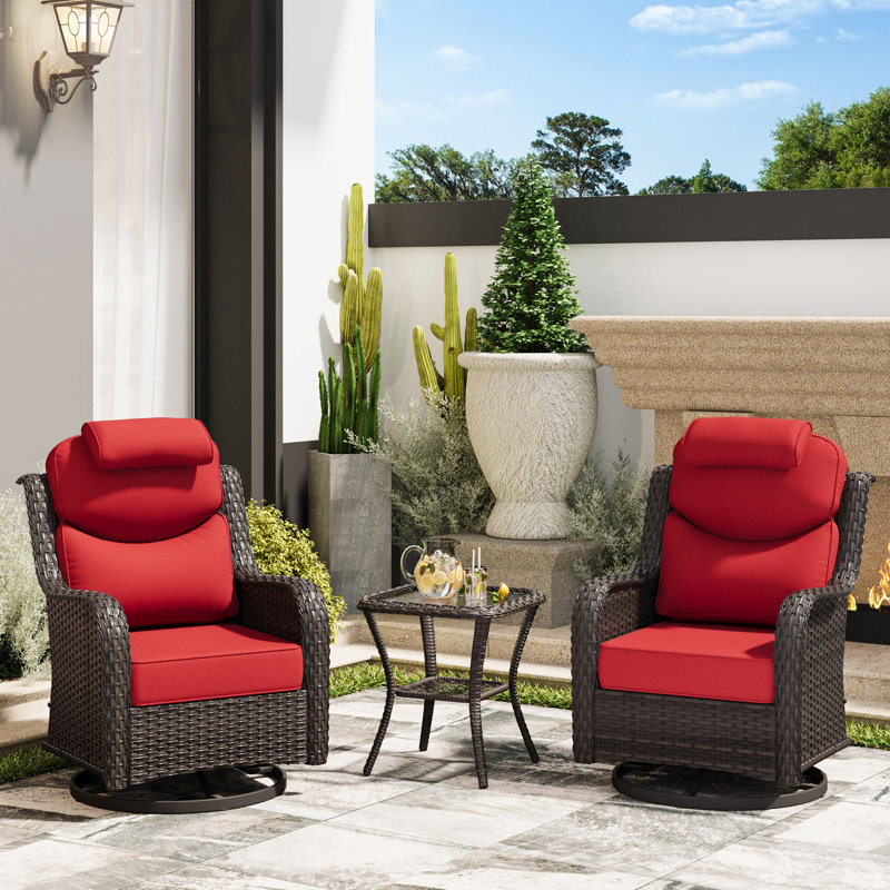 3-Piece Outdoor Patio Conversation Set with Swivel Rocking Chairs & Side Table – Wicker Lounge Furniture, Red