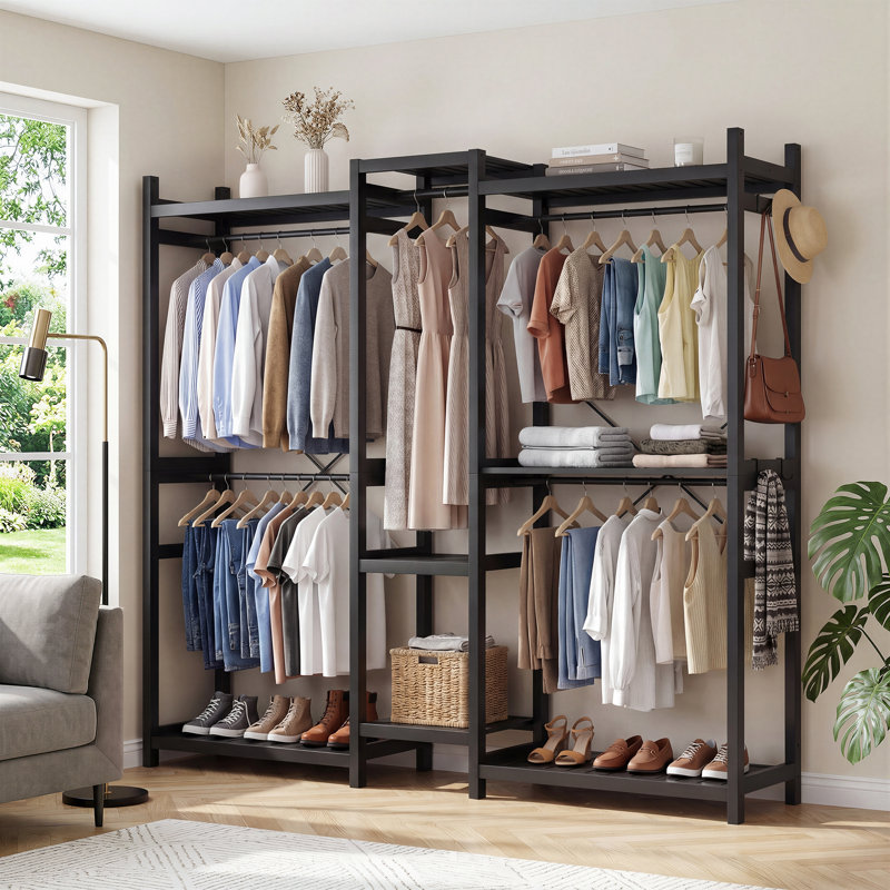 Clothes Rack, Closet System with 6 Hanging Rods for Bedroom/Laundry Room, Black