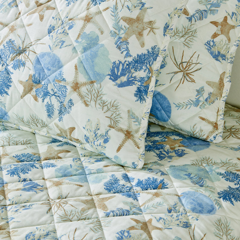 Full Blue Coral Microfiber Reversible Coastal Quilt Set