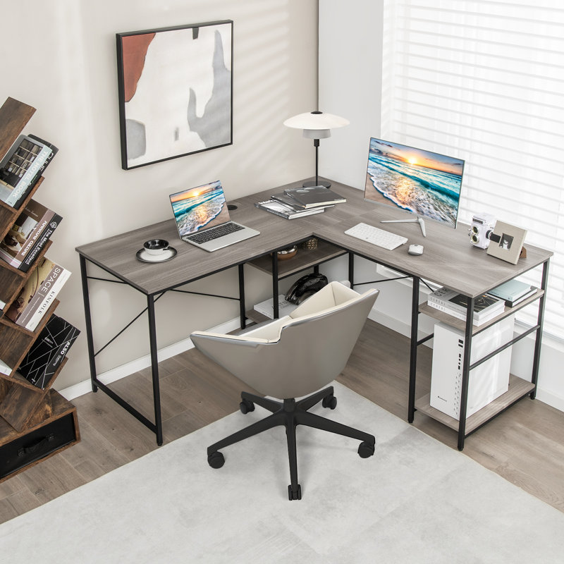 Assetou L-Shaped Metal Base Computer Desk, Grey/Black