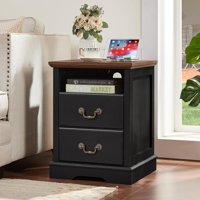 Farmhouse Nightstand with Charging Station, 2 Drawers Night Stand with Storage Shelf, Rustic Black 18" Wide Wood Bedside Table, Bed Side End Tables for Bedroom, Living Room