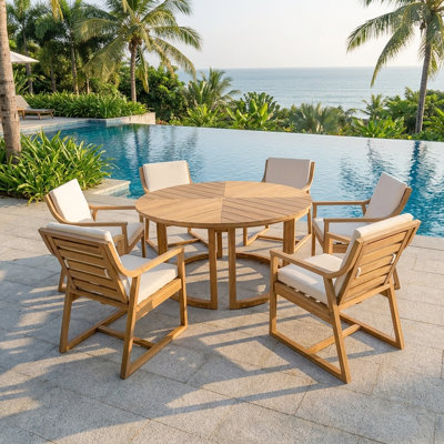 Durable Outdoor Patio Set For 6 - Spacious Round Table With Padded Chairs&Umbrella Hole For Outdoor Entertaining