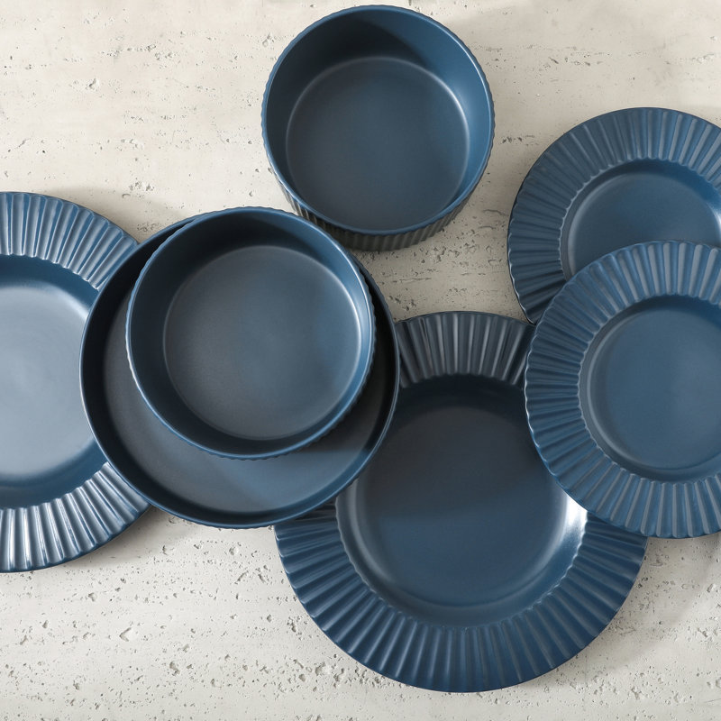 Ash Blue Ceramic 16-Piece Ridged Dinnerware Set