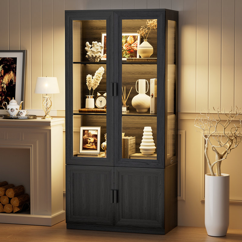 67" Display Cabinet with Glass Door, 4-Tier Curio Cabinet with 3 Color Lights, Black