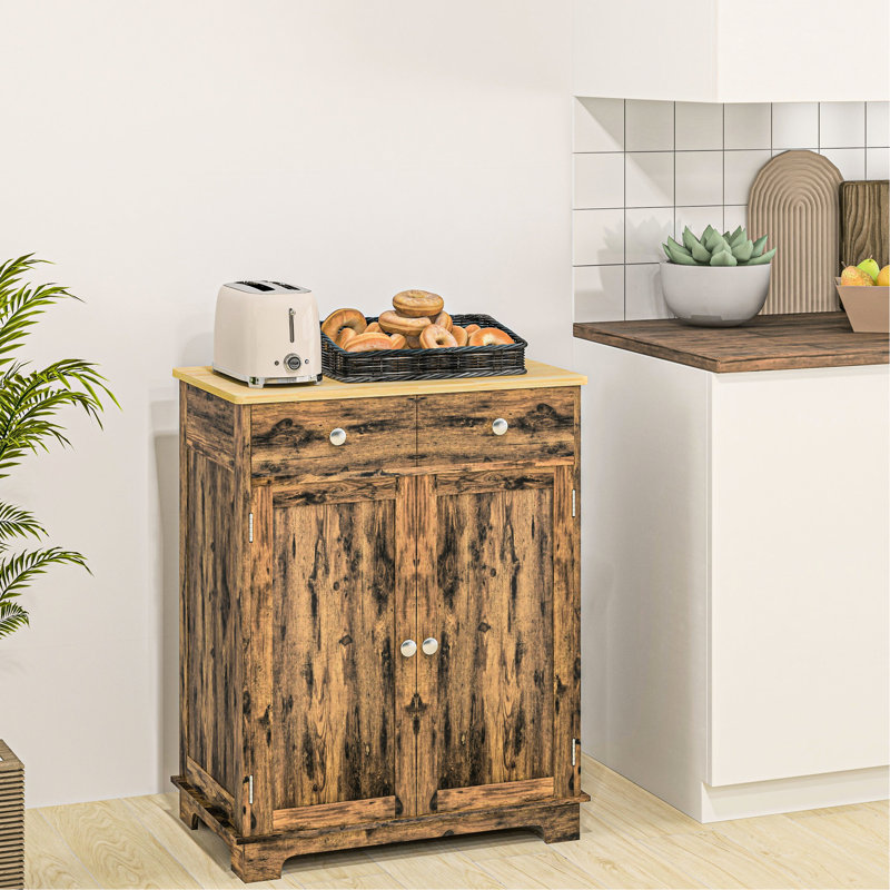Buffet rustique brun avec comptoir et rangement en bois massif. 2 tiroirs, portes, tablette réglable. Pour la cuisine, le salon. Armoire de rangement moderne l 26,75 po x P 15,75 po. H 33,5 po. Portes.