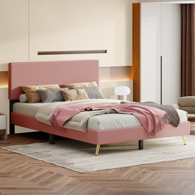 Contemporary Bed Frame-Queen Size Corduroy Upholstered Bed Frame, Platform Bed With Horizontal Stripe Headboard, No Box Spring Needed -  Everly Quinn, 4FE355C40C8F4384BFEB75D472875C4C